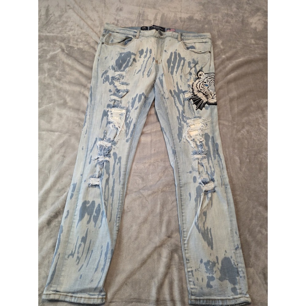 Damati Jeans Men's 36 Light Wash Tiger Embroidered Distressed Paint Splatter